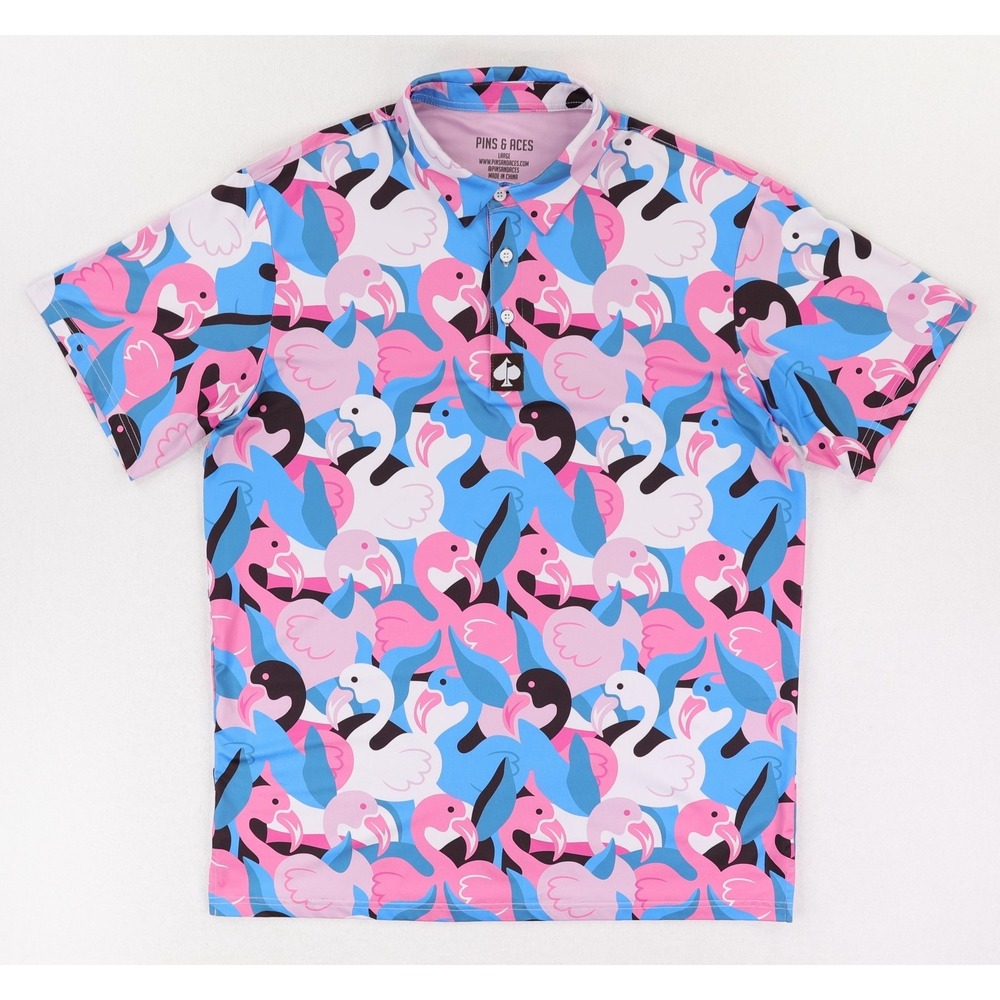 Pins & Aces Polo Shirt Mens Large Pink Blue Flamingo Golf Performance Stretch